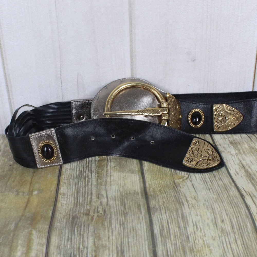 Black Leather Embellished Medallion Unique Adjustable Belt - Picture 3 of 9
